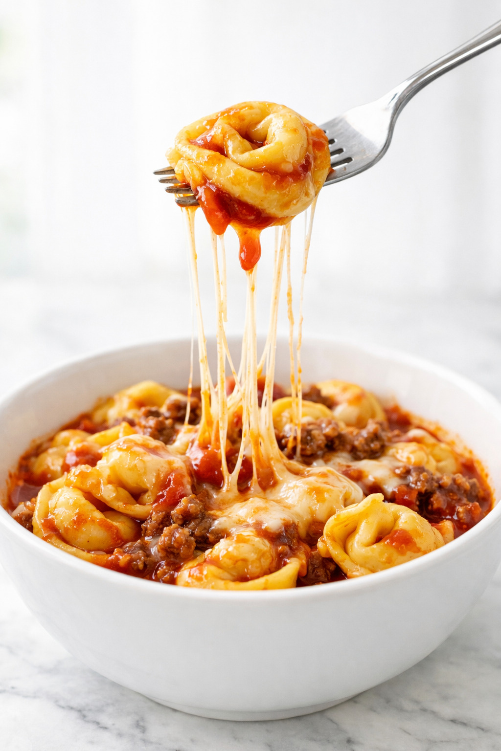 Beef enchilada tortellini dinner spread with side salad and tortillas