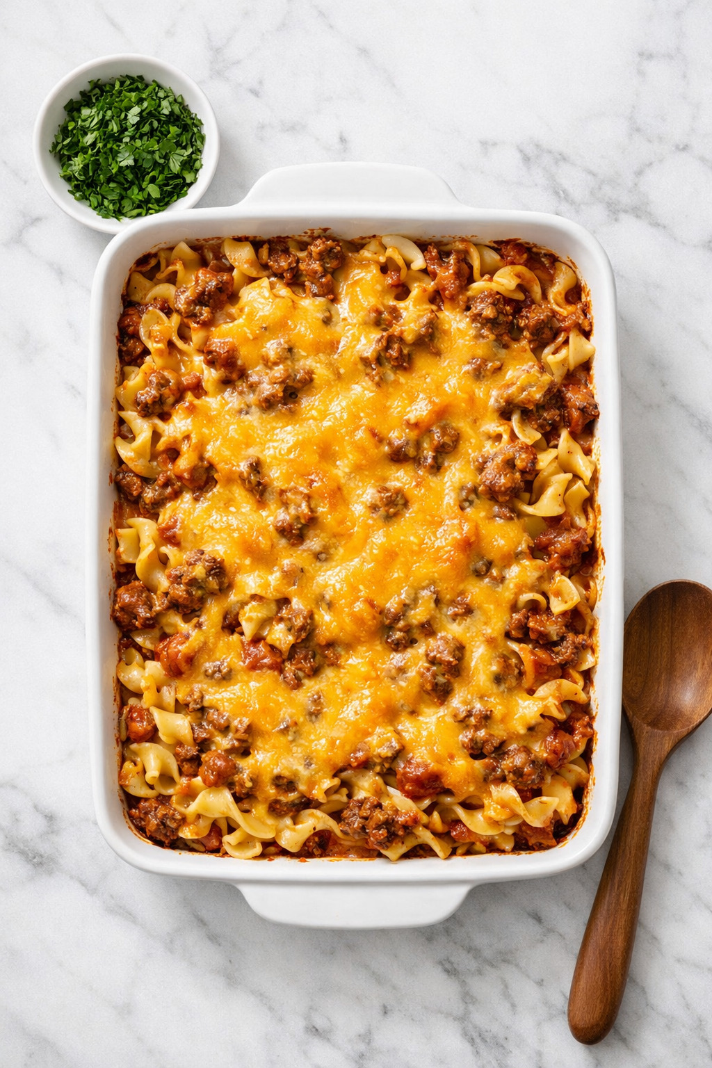 Overhead view of beef noodle casserole with golden melted cheese