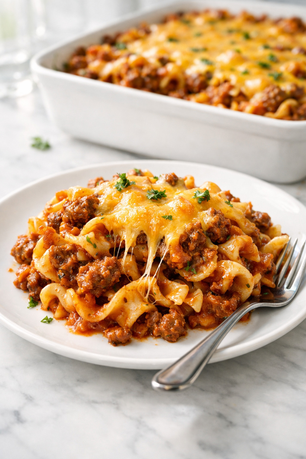 Serving of beef noodle casserole on white plate with melted cheese