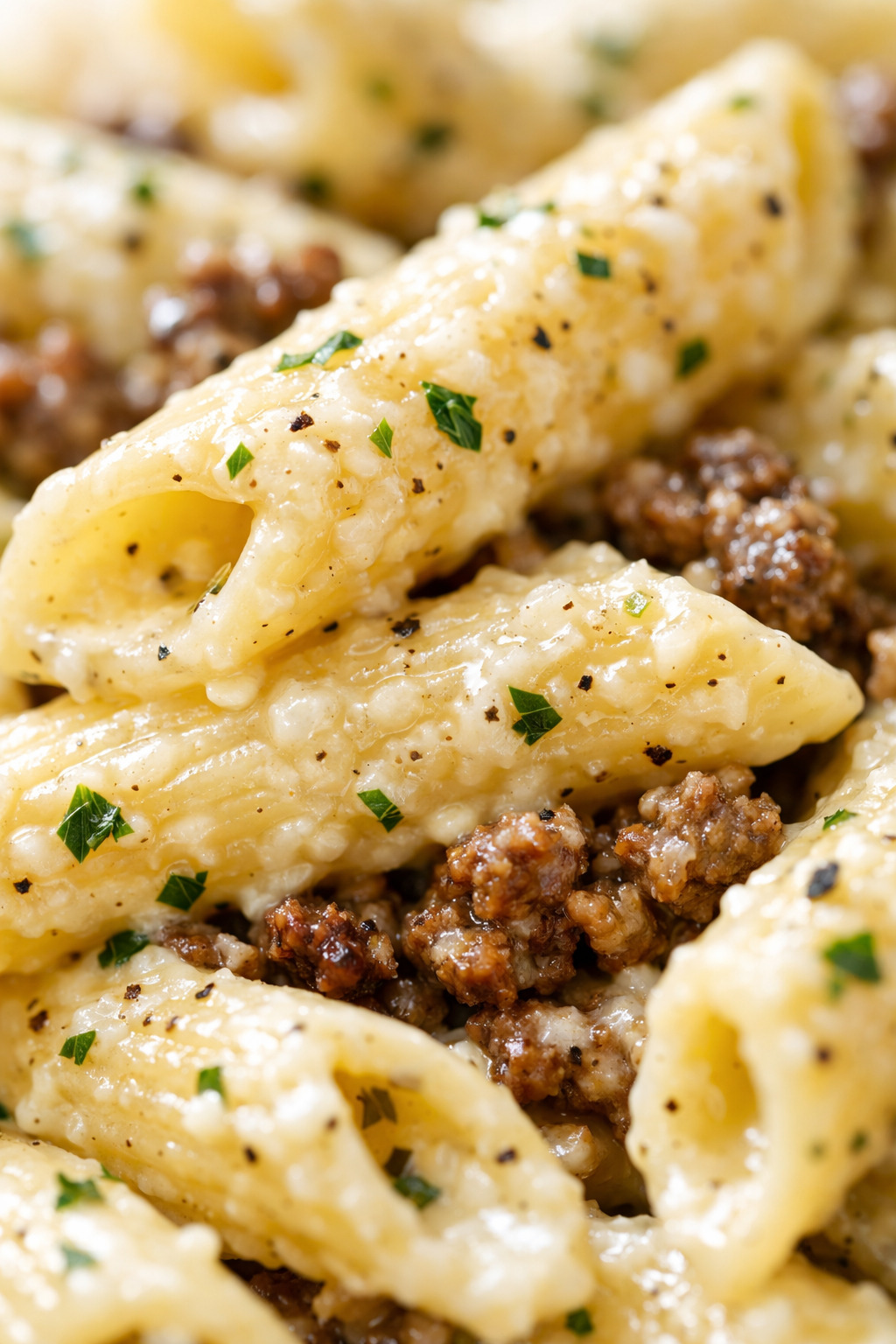 Close-up of penne pasta coated in creamy garlic butter beef sauce