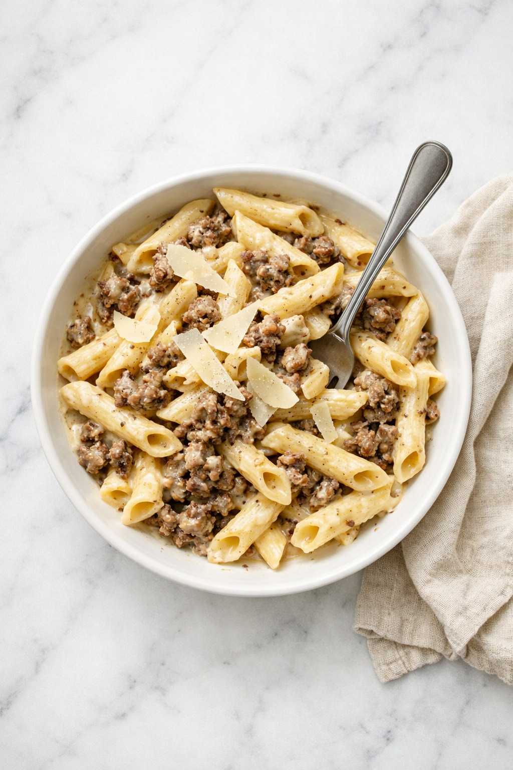 Overhead view of creamy beef pasta with garlic butter and parsley