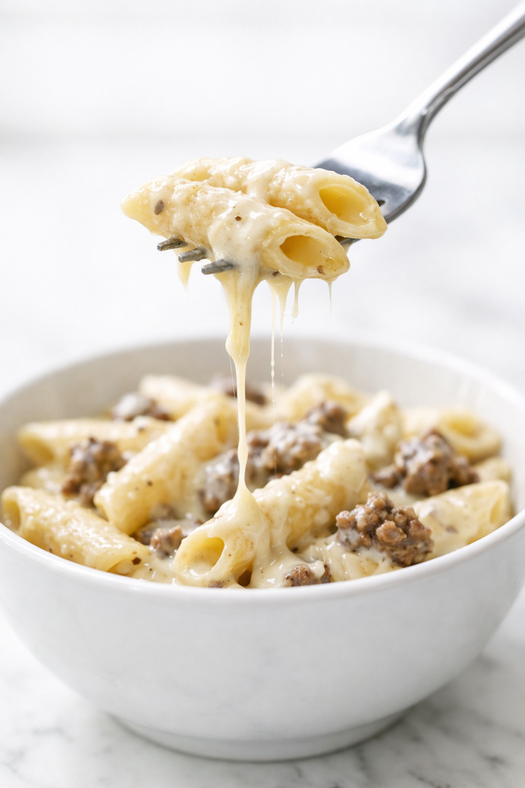 Fork lifting a bite of creamy beef pasta with garlic butter sauce