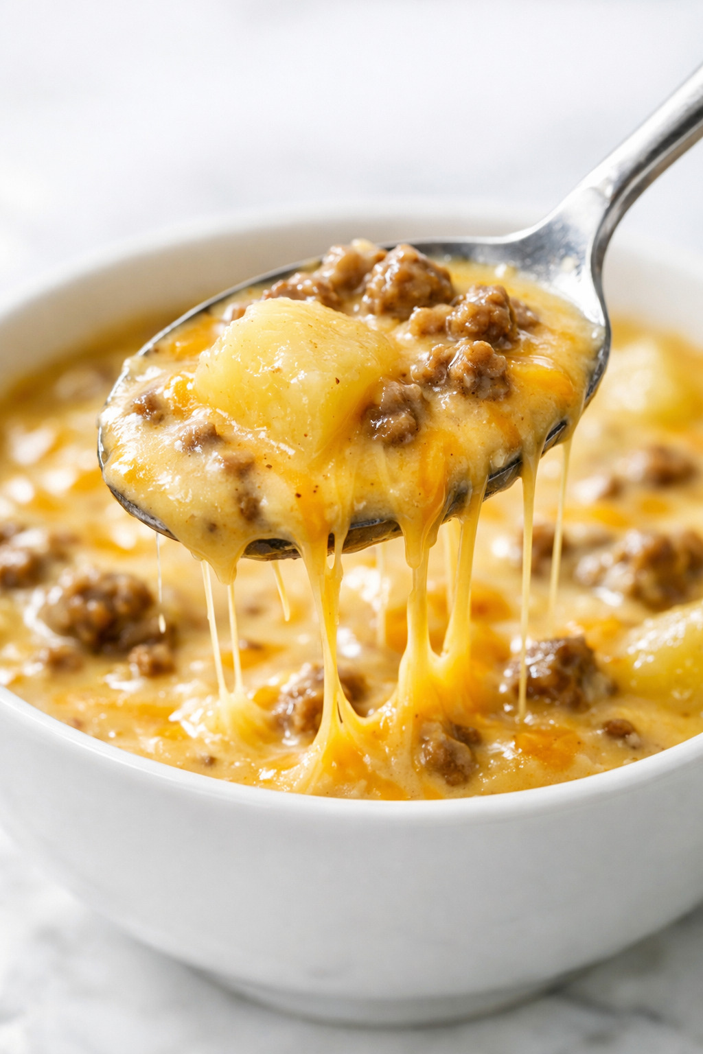 Spoonful of cheesy beef and potato soup with stretchy melted cheese