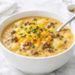 Cheesy beef and potato soup with melted cheddar, ground beef, and potatoes