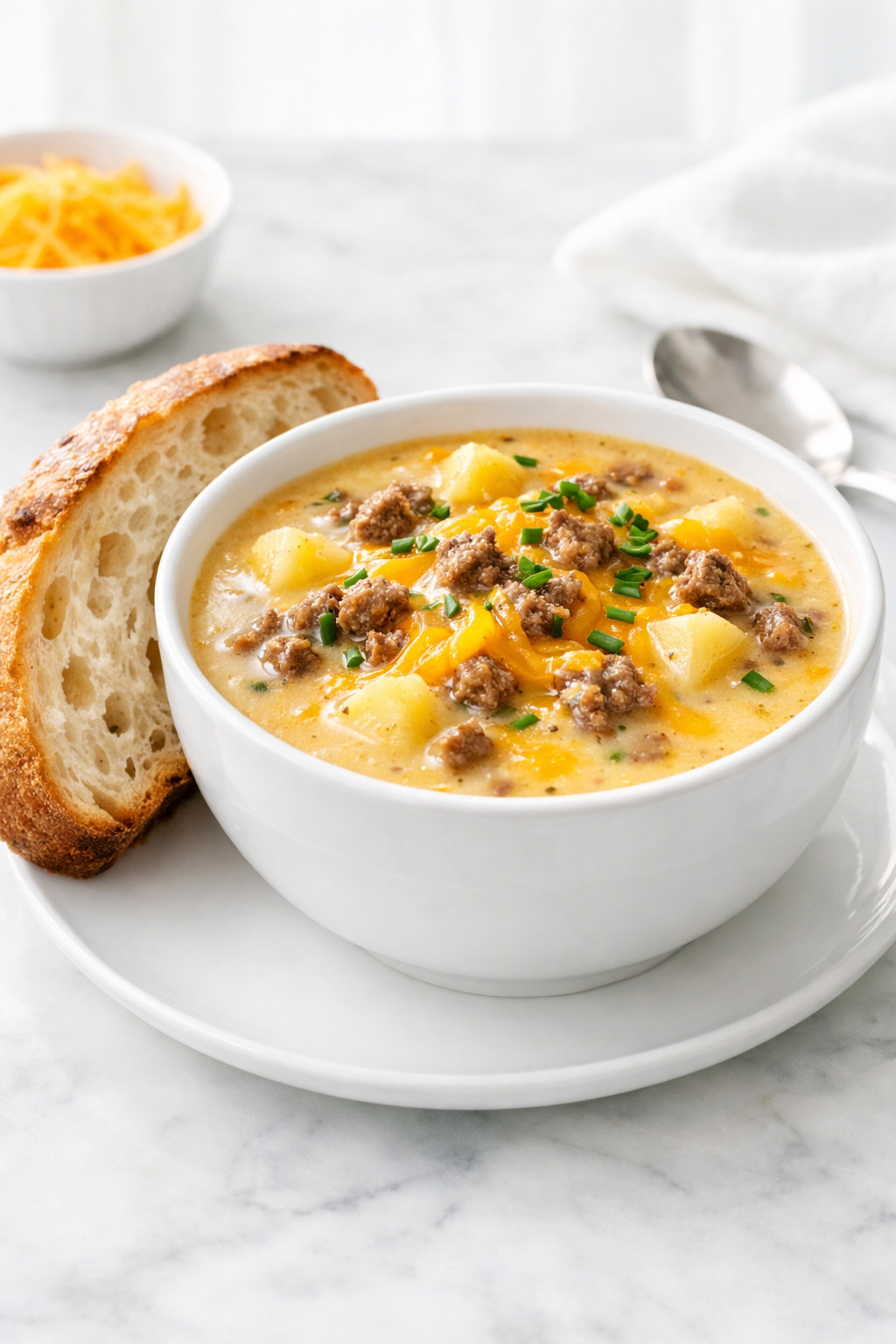 Cheesy beef and potato soup served with crusty sourdough bread
