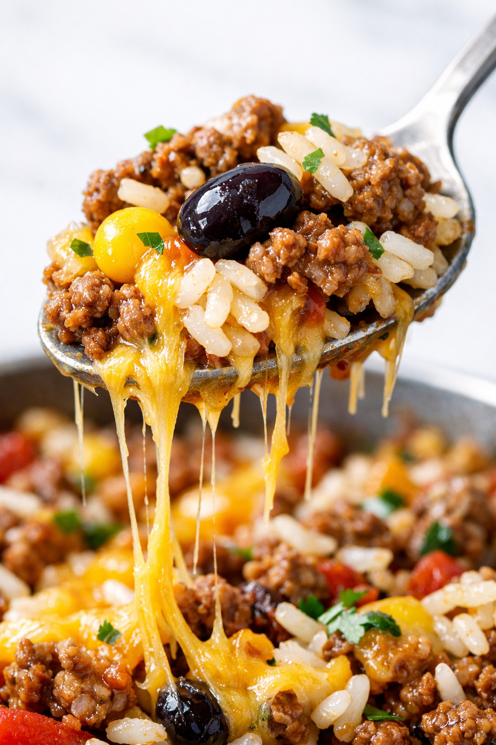 Close-up of Mexican beef and rice skillet showing melted cheese and seasoned beef