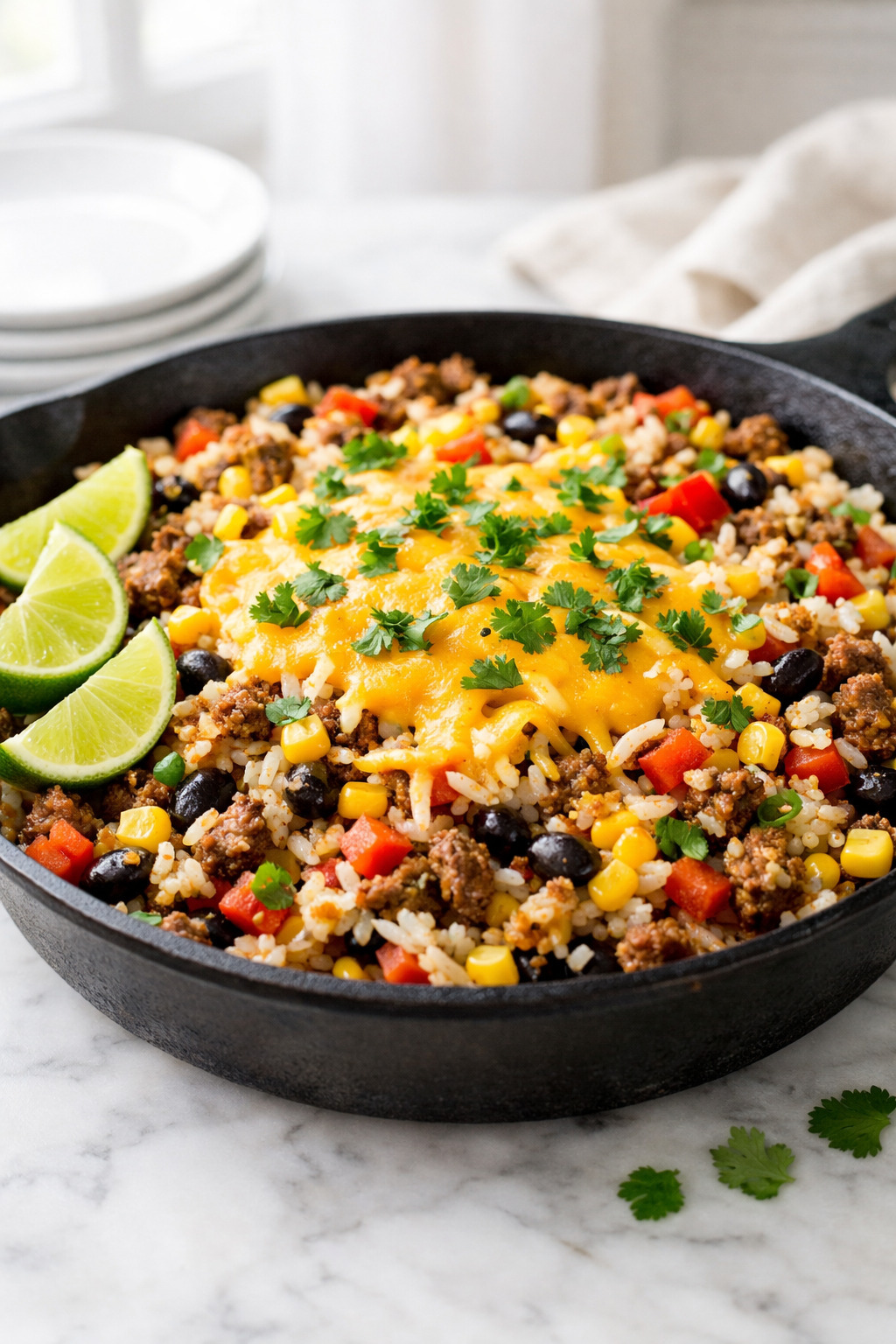 Mexican beef and rice skillet with melted cheese and cilantro in a cast iron pan