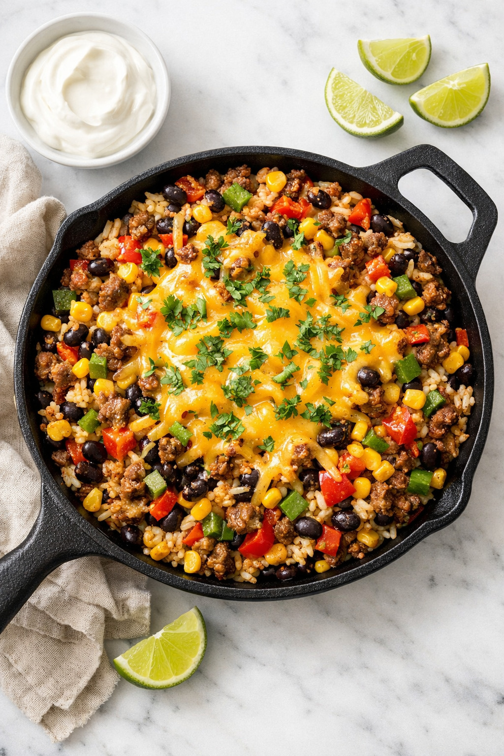 Overhead view of Mexican beef and rice skillet with black beans corn and cheese