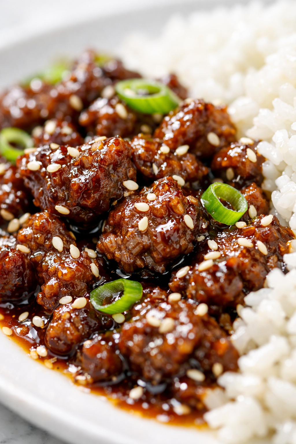 Close-up of caramelized ground beef in spicy chili sauce with sesame seeds