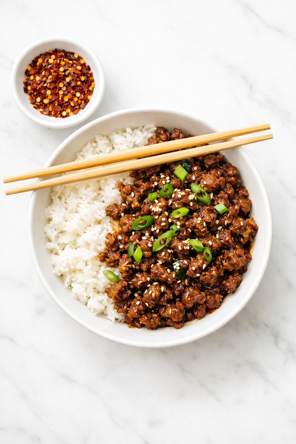 Overhead view of ground beef stir fry bowl with chili sauce and vegetables