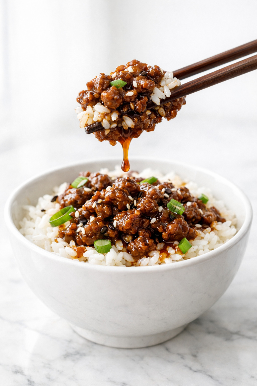 Spicy ground beef stir fry bowl served with cucumber and kimchi