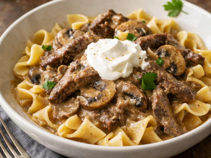 A bowl of beef stroganoff with tender beef strips in creamy mushroom sauce over egg noodles