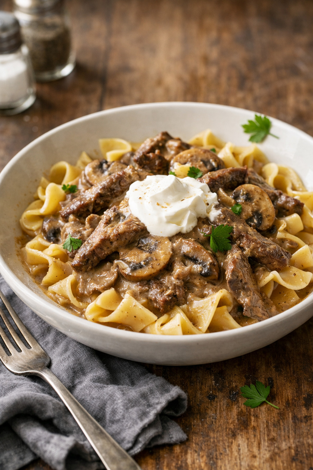 A bowl of beef stroganoff with tender beef strips in creamy mushroom sauce over egg noodles