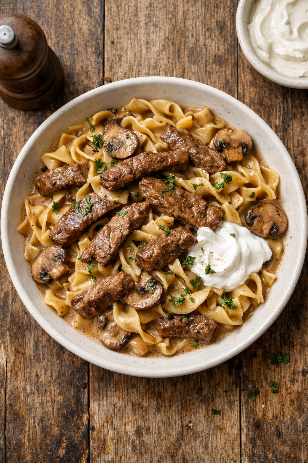 Overhead view of beef stroganoff with sour cream and parsley garnish