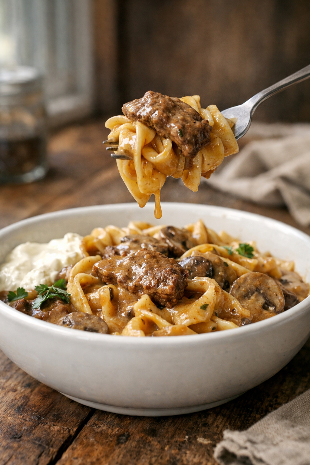 Fork lifting egg noodles with beef stroganoff sauce
