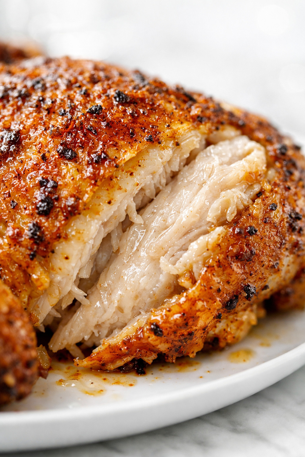 Closeup of beer can chicken showing crispy paprika-spiced skin and juicy tender meat