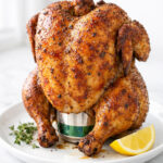 Beer can chicken with golden crispy skin on a white ceramic platter