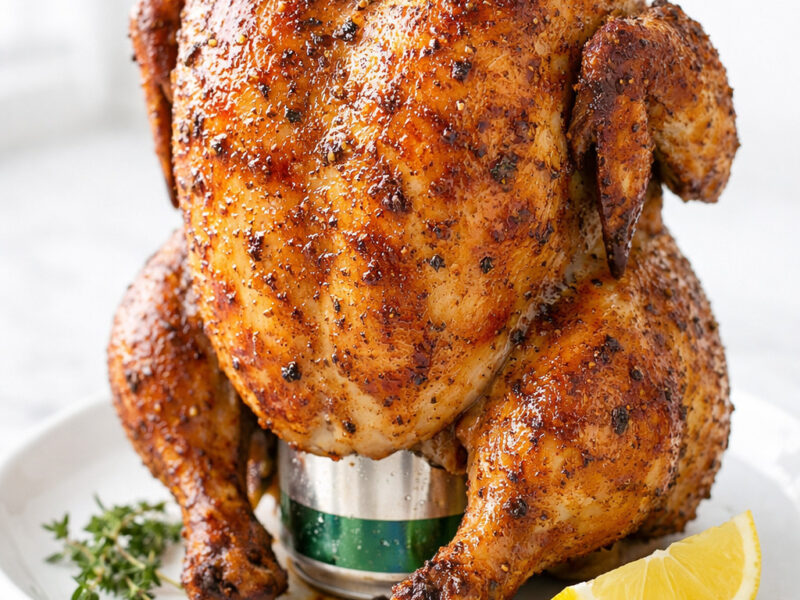 Beer can chicken with golden crispy skin on a white ceramic platter
