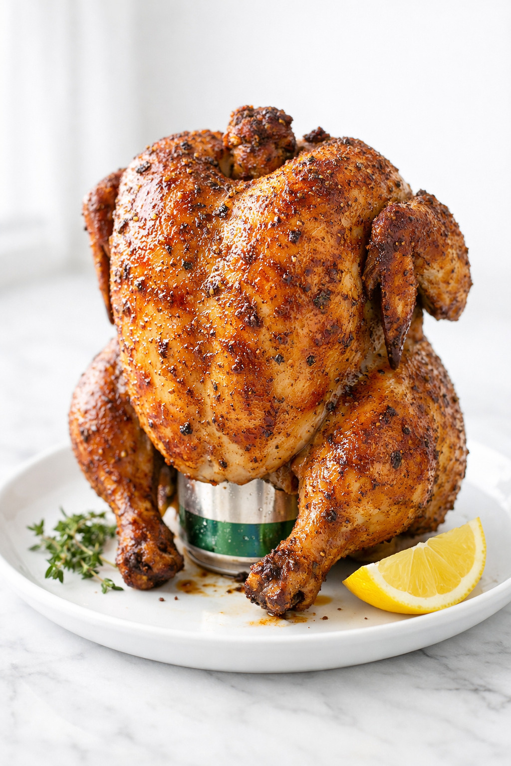 Beer can chicken with golden crispy skin on a white ceramic platter
