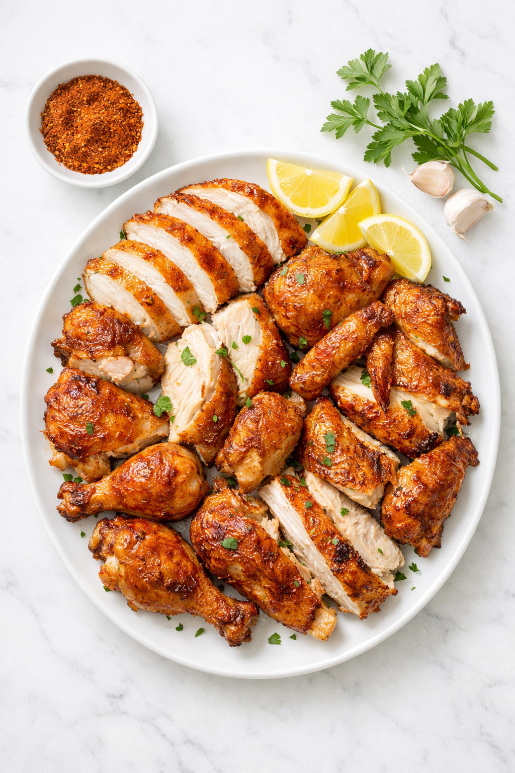 Overhead view of carved beer can chicken with golden crispy skin on a white platter