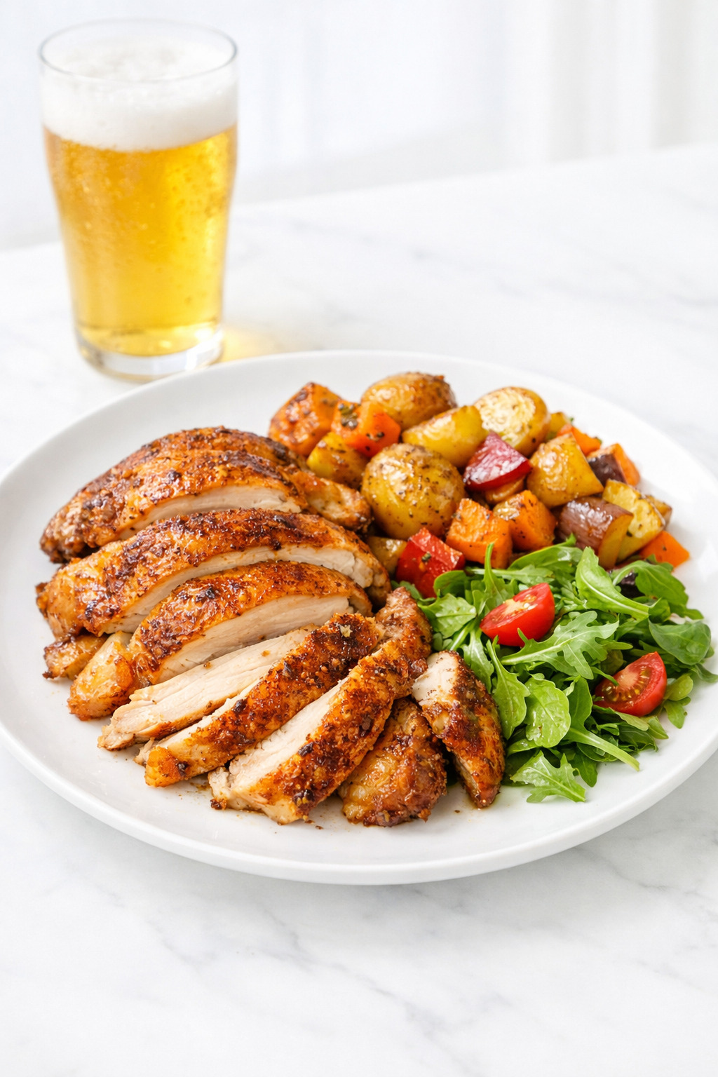 Carved beer can chicken served on a white plate with roasted vegetables