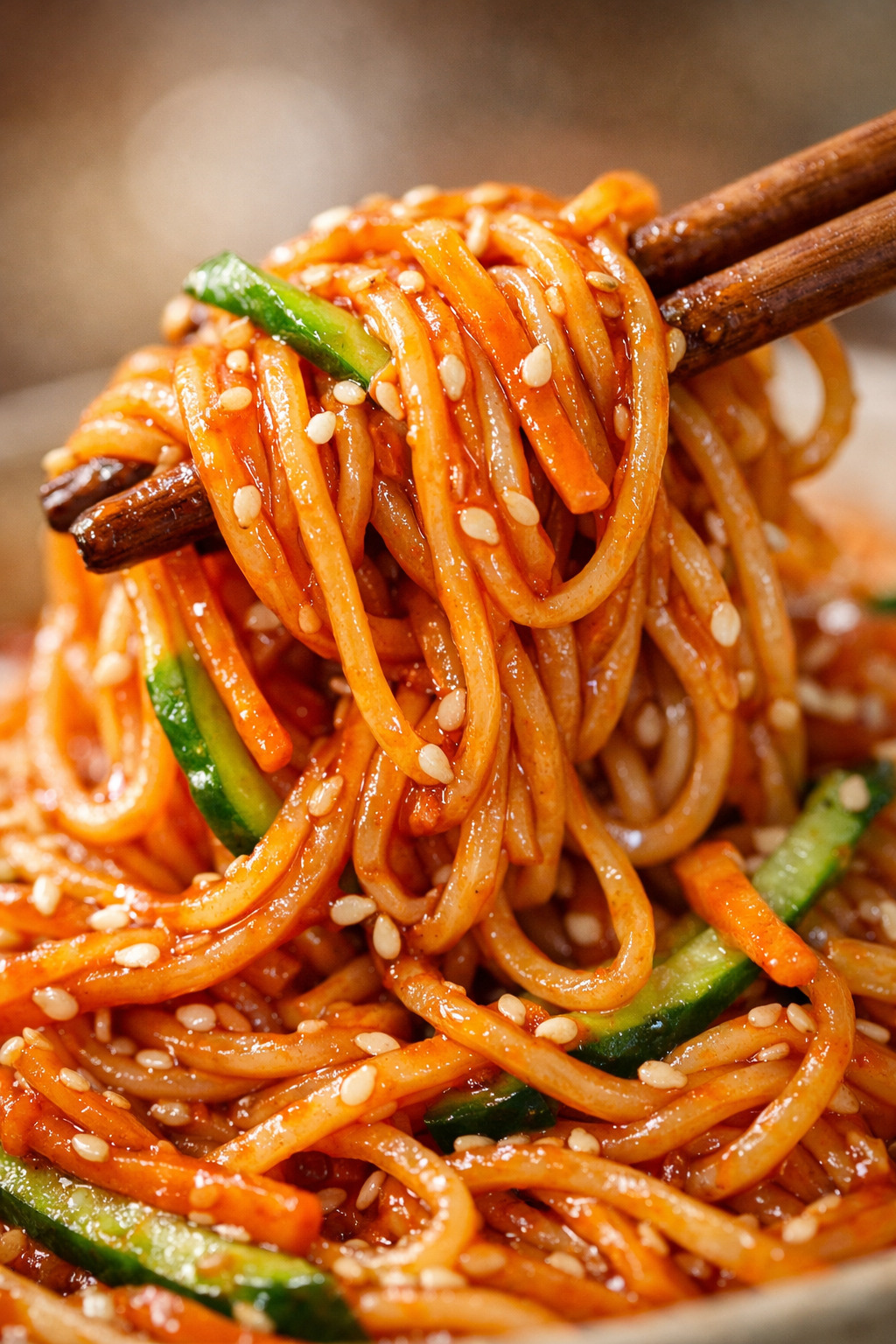 Close up of bibimmyeon noodles mixed with spicy red sauce and fresh vegetables