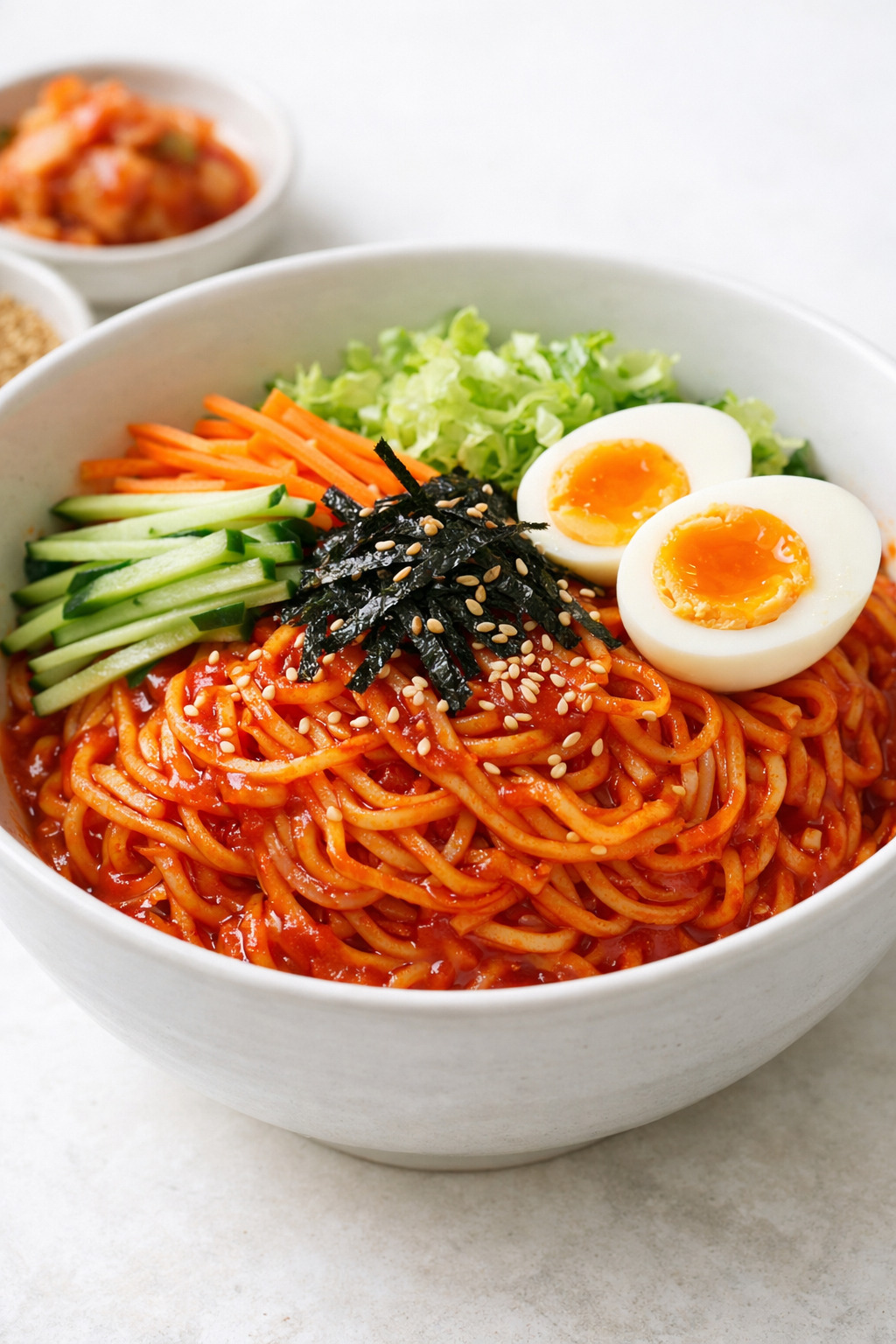 Bowl of Korean bibimmyeon with colorful vegetables and soft-boiled egg