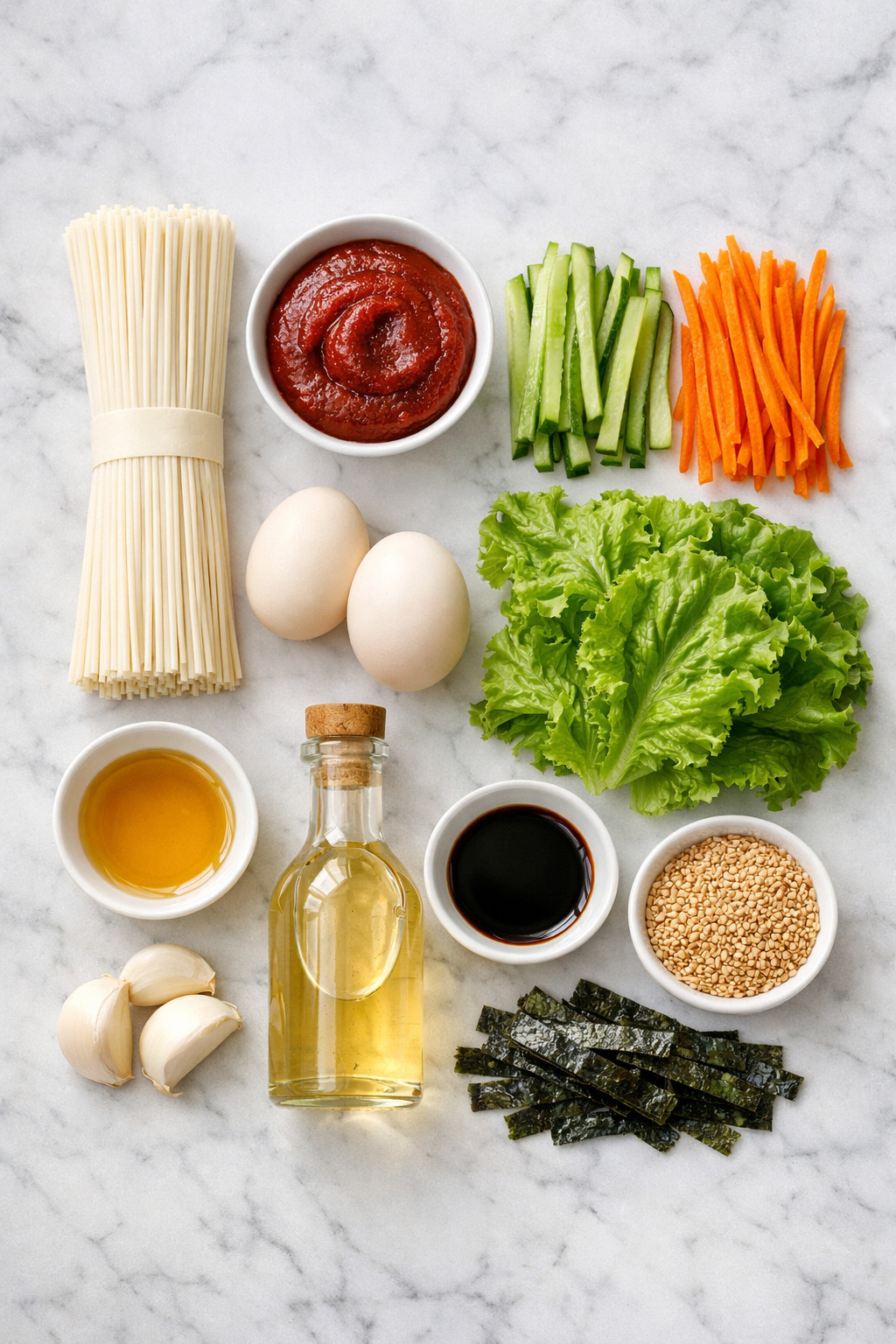 Fresh bibimmyeon ingredients including noodles, vegetables, gochujang sauce and eggs