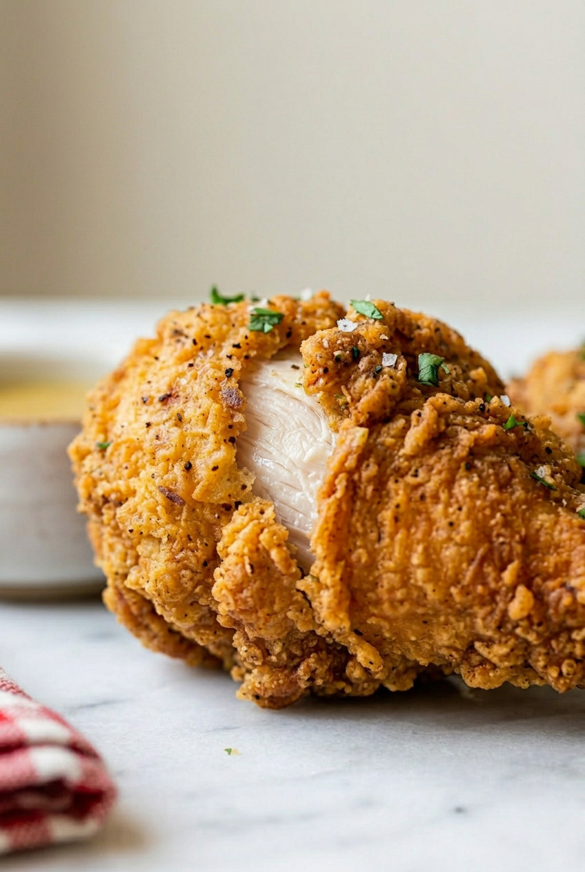 Closeup of crispy golden Bisquick coating on chicken
