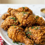 Golden crispy Bisquick fried chicken pieces in a white baking dish