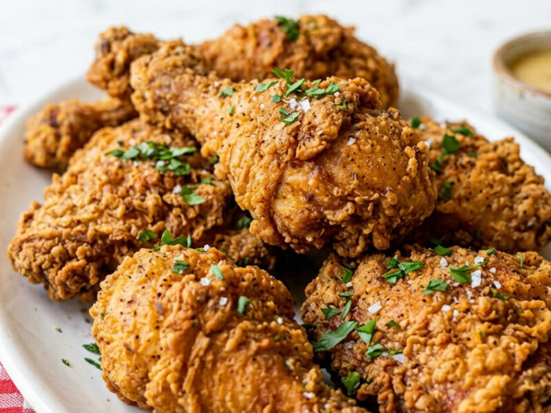 Golden crispy Bisquick fried chicken pieces in a white baking dish