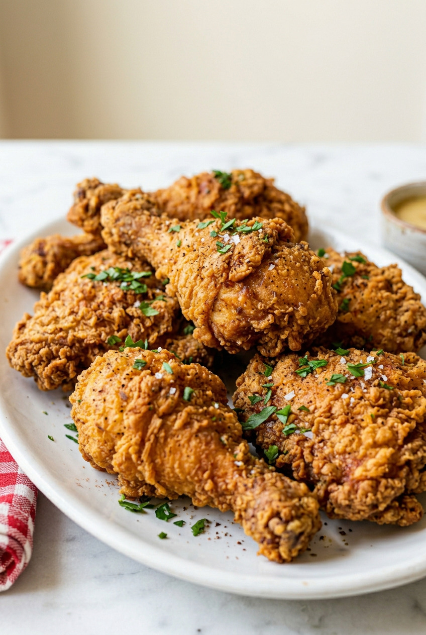 Golden crispy Bisquick fried chicken pieces in a white baking dish