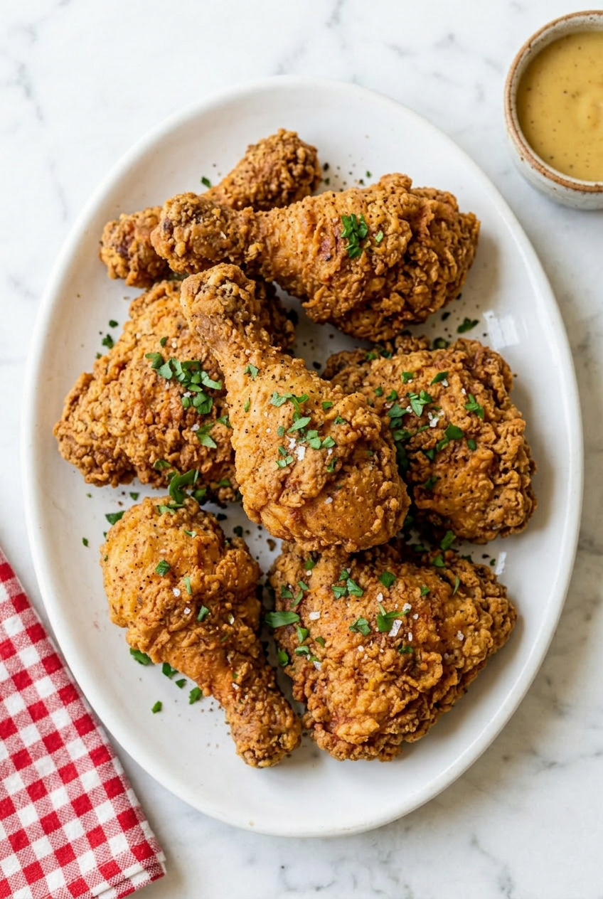 Overhead view of oven-baked Bisquick chicken in baking dish