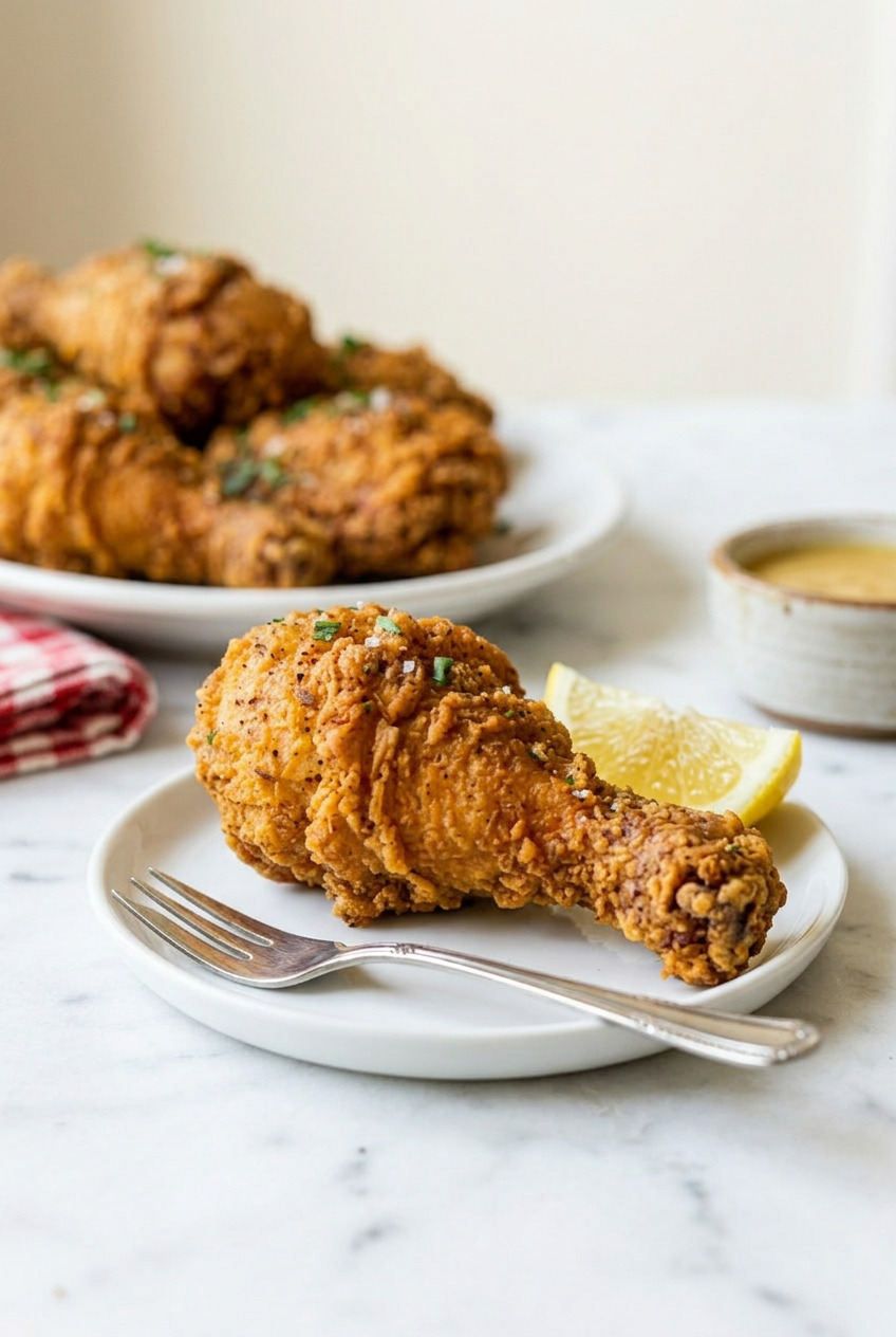 Bisquick fried chicken piece served on a white plate with mashed potatoes