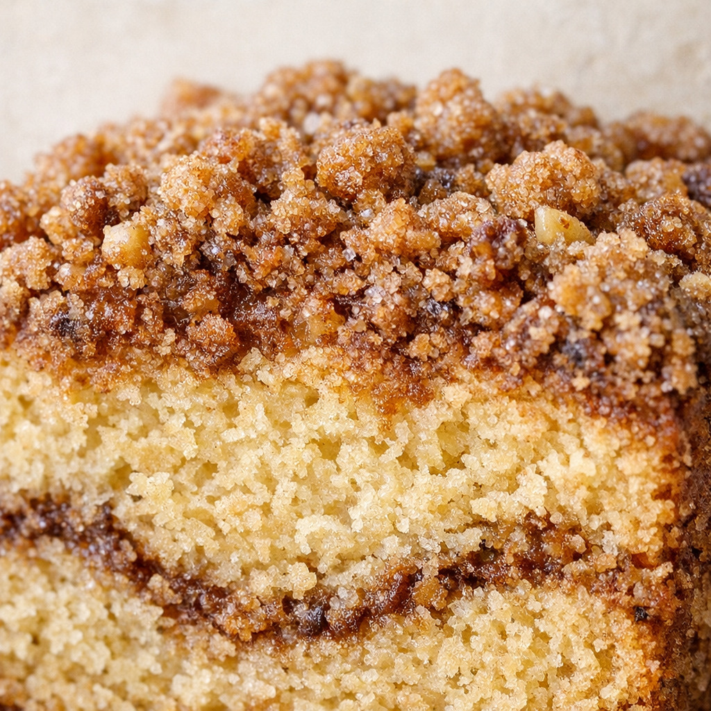 Extreme closeup of coffee cake slice showing tender golden crumb and crunchy brown sugar cinnamon streusel topping
