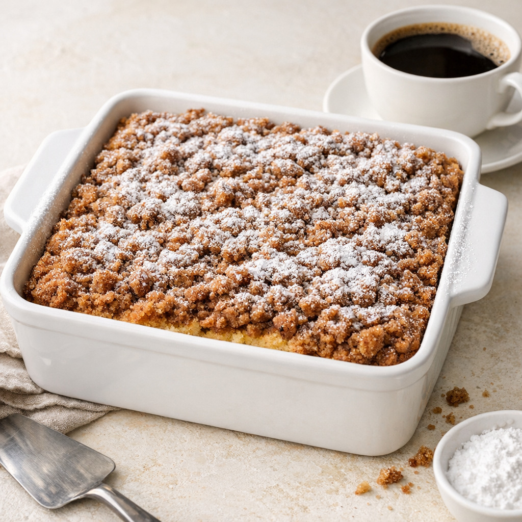 Bisquick coffee cake in white ceramic square pan with brown sugar streusel topping and coffee cup alongside