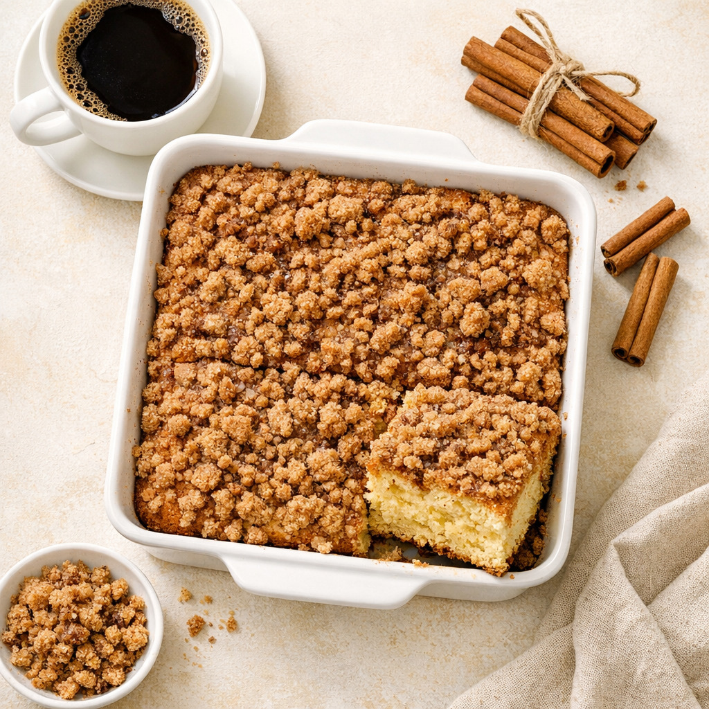Overhead view of Bisquick coffee cake with one slice pulled out showing golden crumb and streusel topping