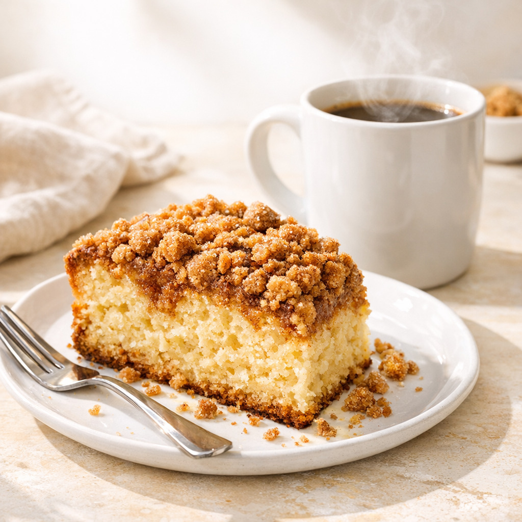 Slice of Bisquick coffee cake on white ceramic plate with steaming coffee mug, morning light