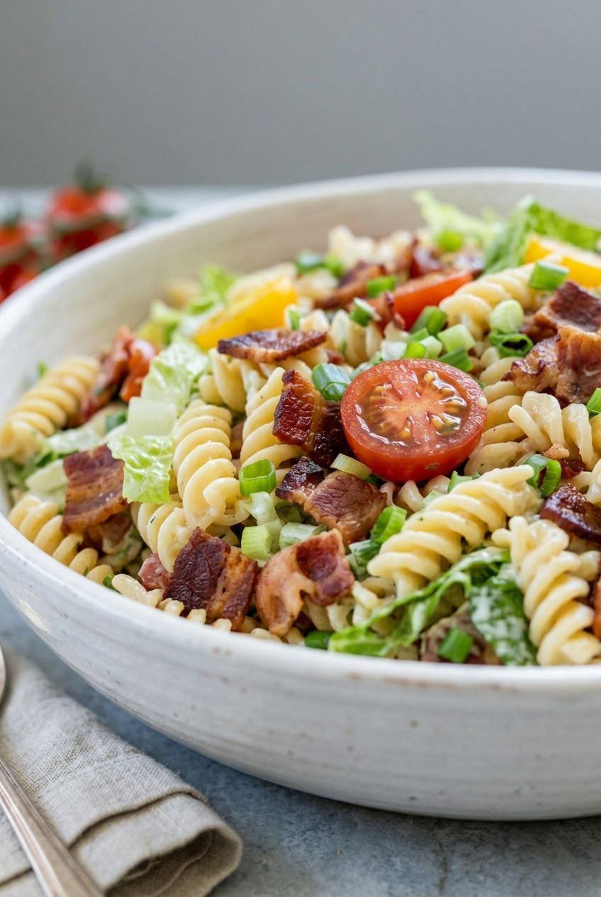 Close-up of a forkful of BLT pasta salad showing creamy ranch-coated rotini with crispy bacon and cherry tomato