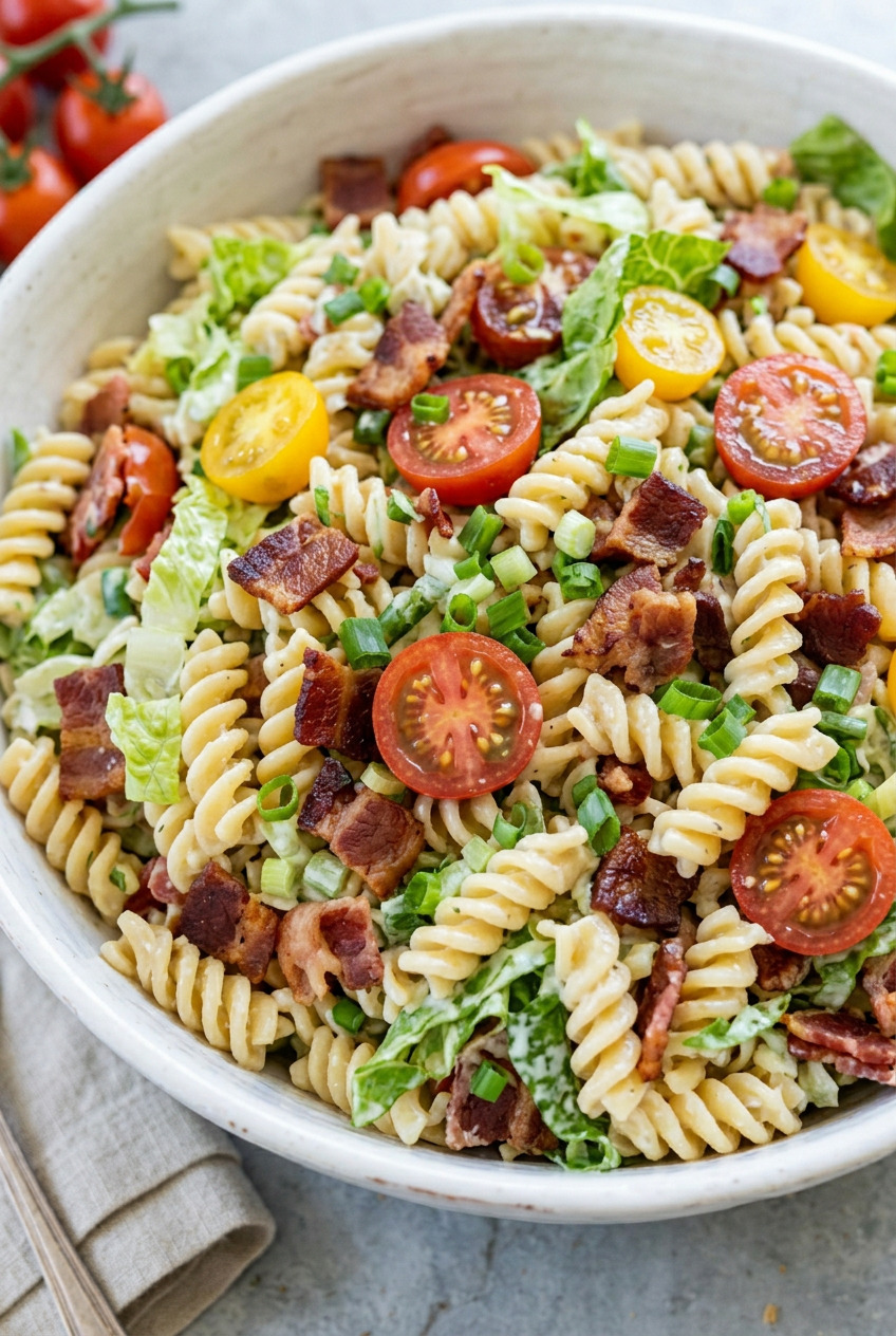 A large white bowl filled with BLT pasta salad with rotini pasta, crispy bacon, cherry tomatoes, romaine lettuce, and creamy ranch dressing