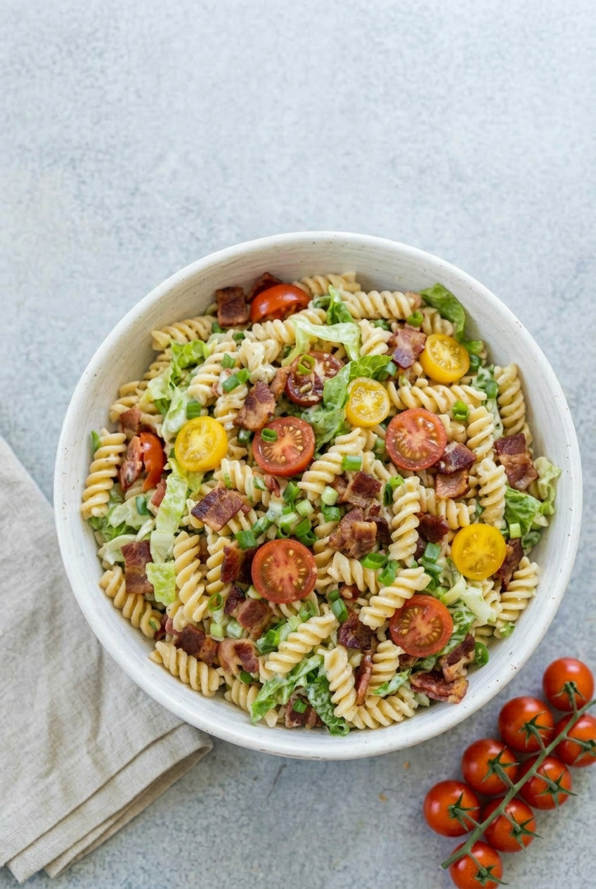 Overhead view of BLT pasta salad in a white bowl showing colorful mix of pasta, bacon, tomatoes, and lettuce