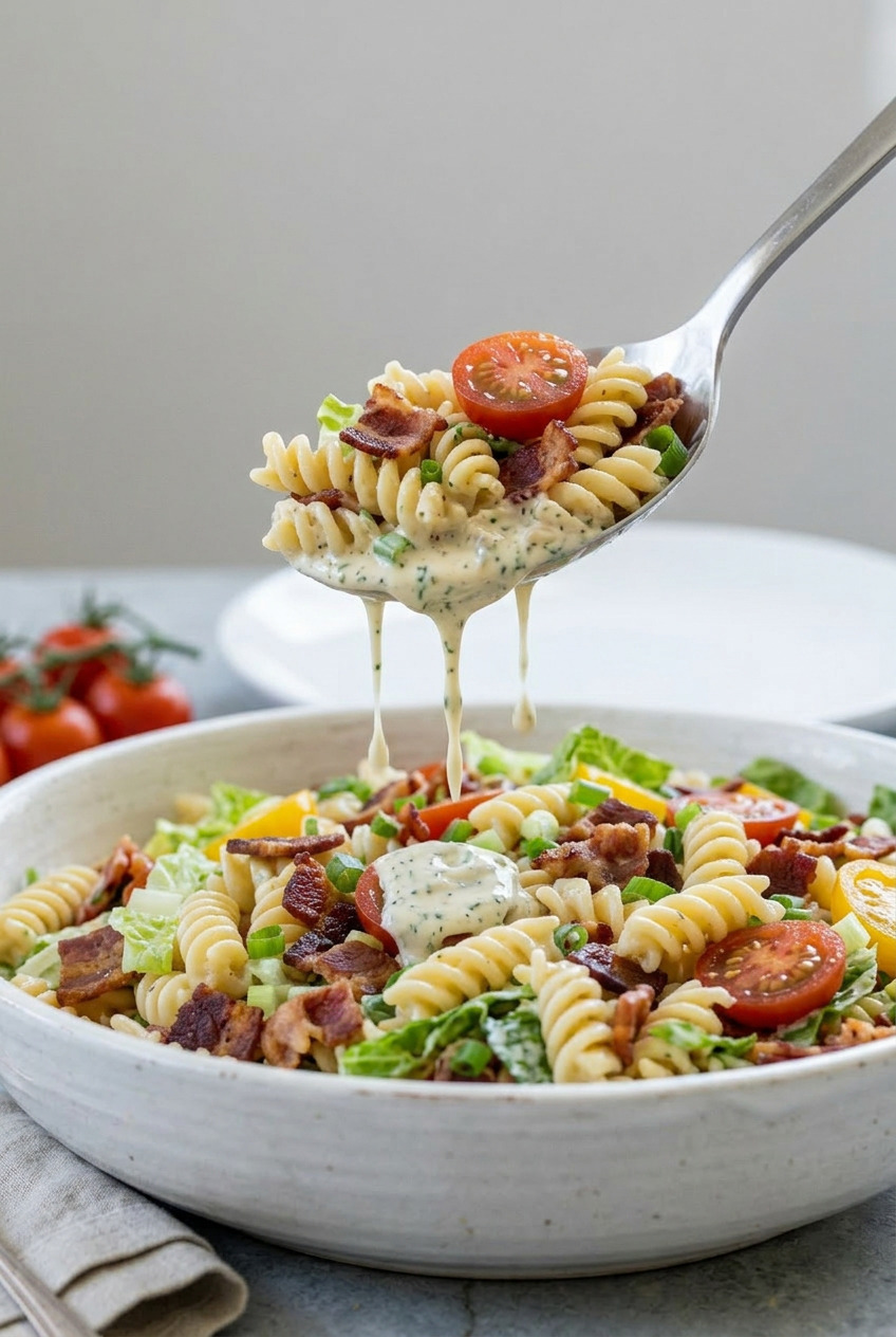 A white plate with a serving of BLT pasta salad alongside grilled chicken
