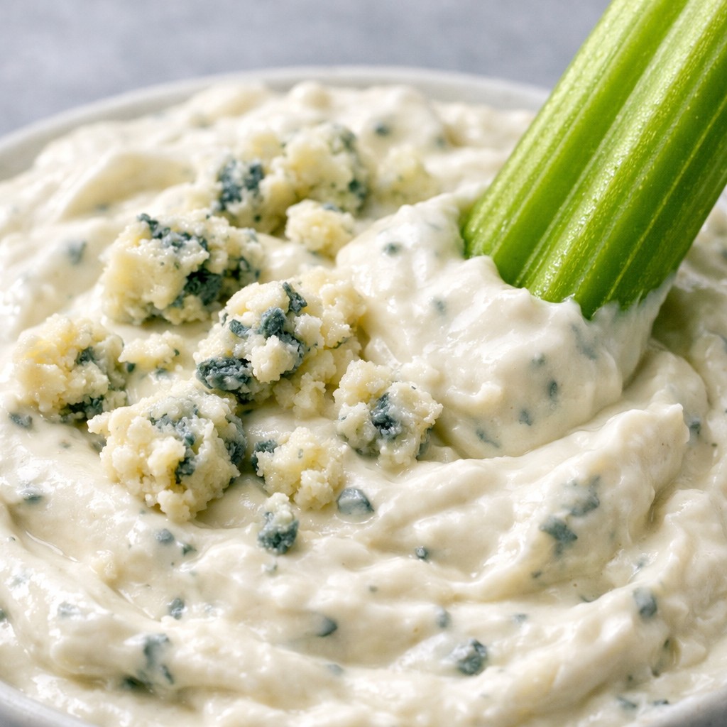 Closeup of creamy blue cheese dip showing texture and crumbles with celery being dipped