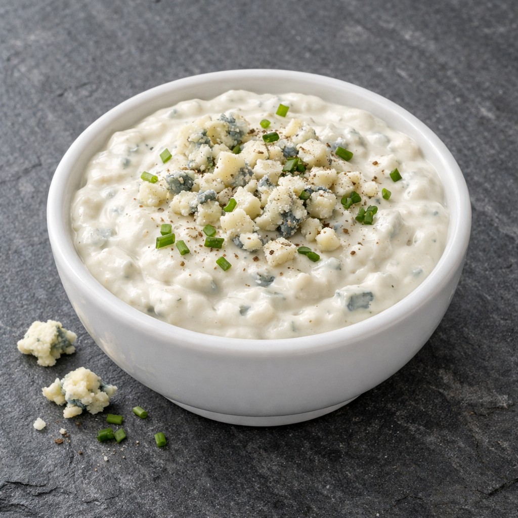 Creamy blue cheese dip in white bowl on grey slate with celery sticks