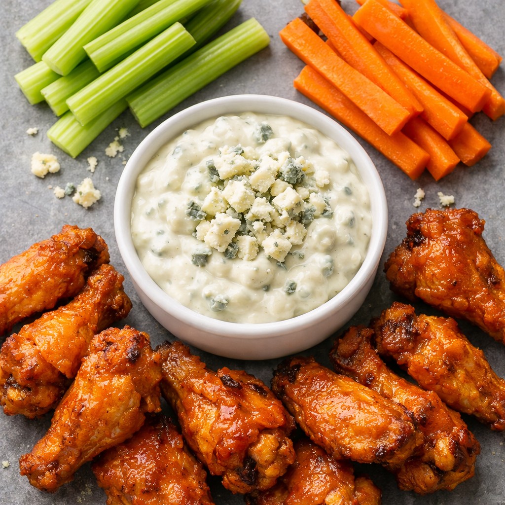 Overhead view of blue cheese dip surrounded by celery, carrots, and wings