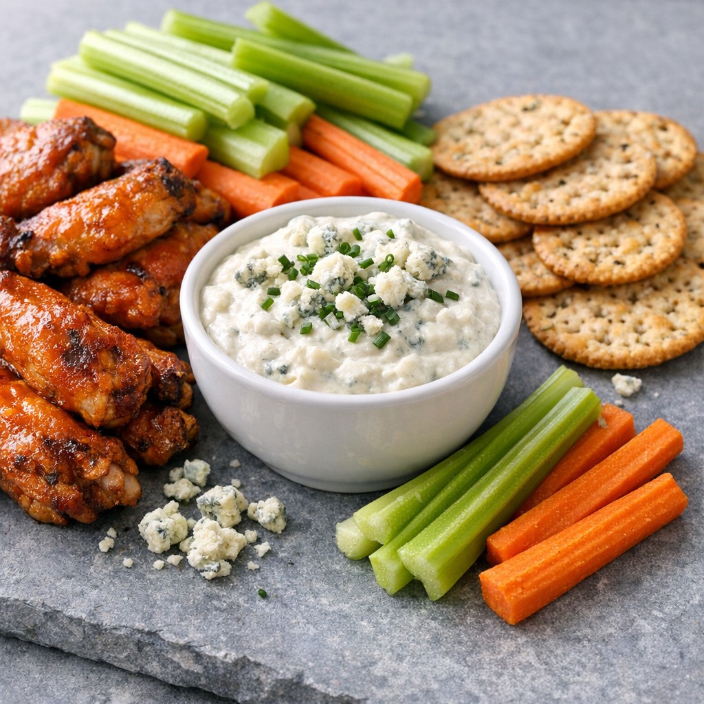 Party spread with blue cheese dip, wings, vegetables, and crackers on grey slate