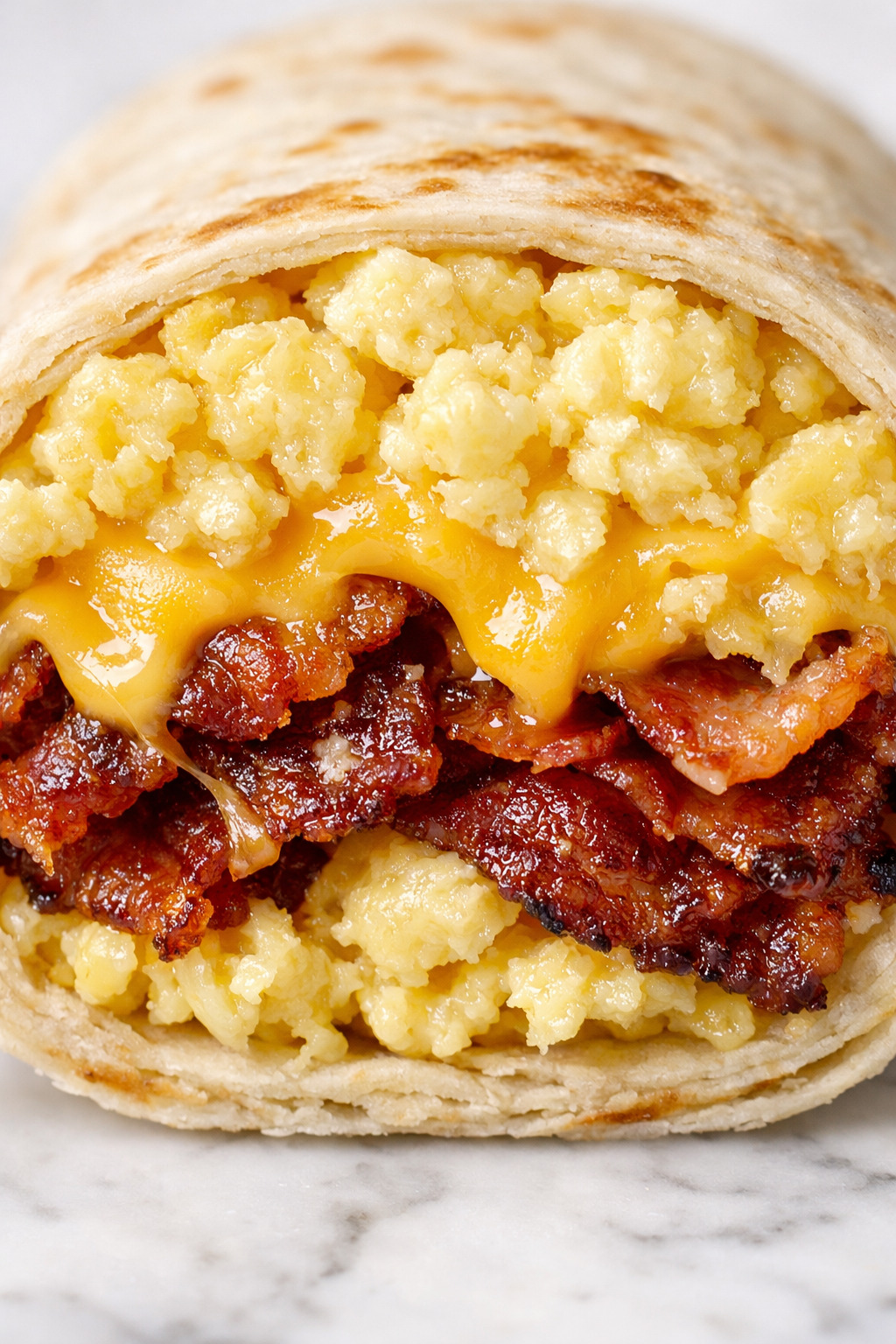 Close-up of breakfast wrap cross-section showing scrambled eggs and melted cheese