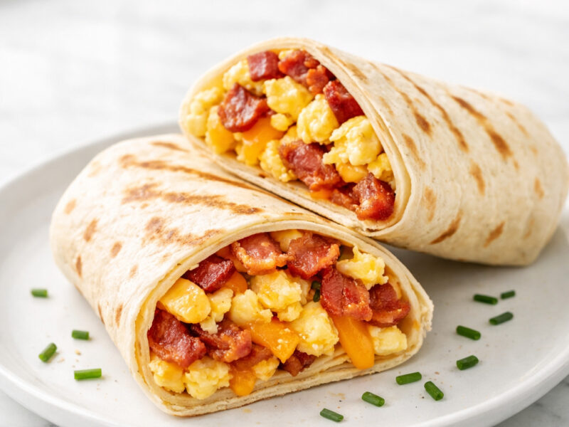 Breakfast wraps with scrambled eggs, bacon, and melted cheese cut in half on a white plate