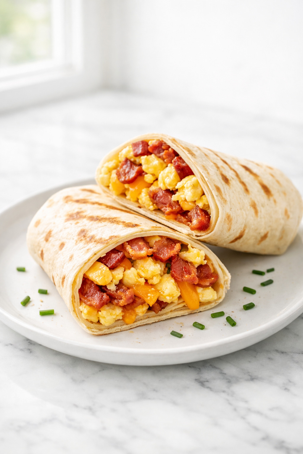 Breakfast wraps with scrambled eggs, bacon, and melted cheese cut in half on a white plate