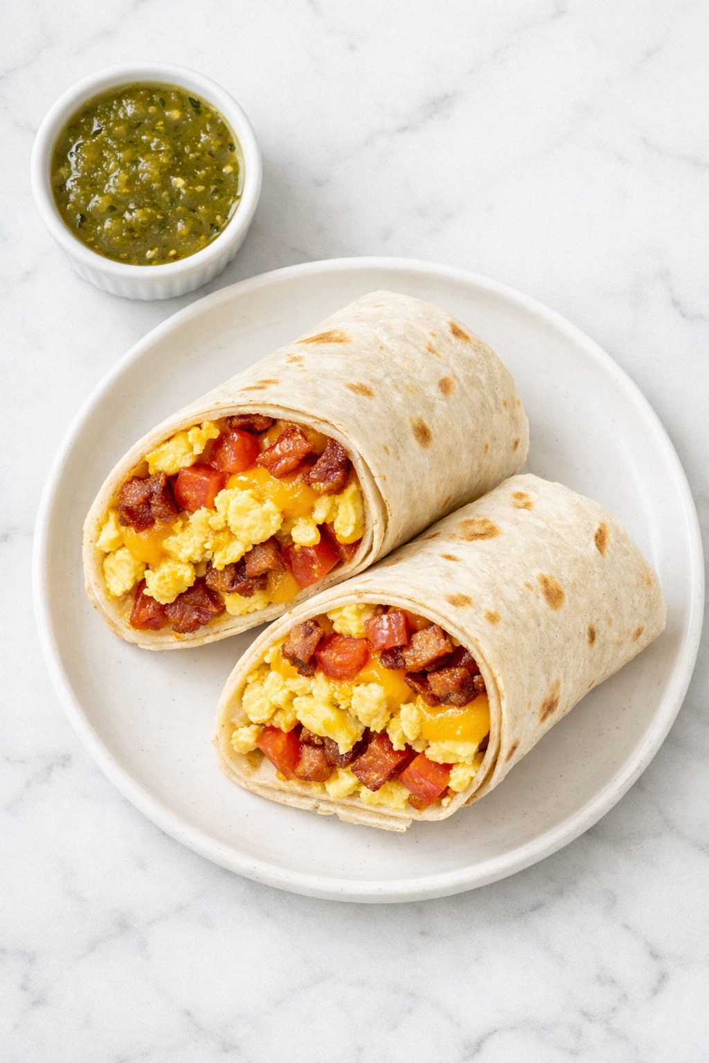 Overhead view of breakfast wraps showing egg, cheese, and bacon filling